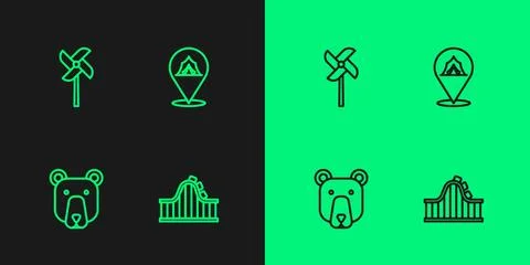 Set line Roller coaster, Bear head, Pinwheel toy and Circus tent icon. Vector 스톡 일러스트