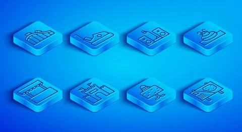 Set line Roller coaster, Bumper car, Home stereo with two speakers, Castle Stock Illustration