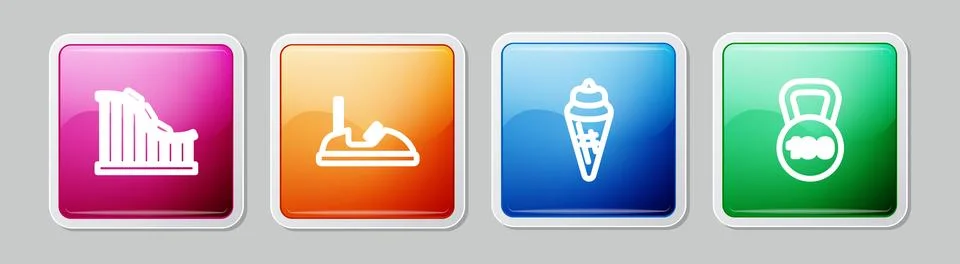 Set line Roller coaster, Bumper car, Ice cream in waffle cone and Weight. C.. Stock Illustration