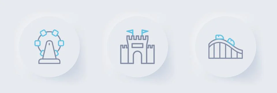 Set line Roller coaster, Castle and Ferris wheel icon. Vector イラスト素材
