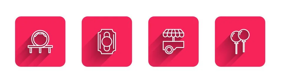 Set line Roller coaster, Circus ticket, Fast street food cart and Balloons with Stock Illustration