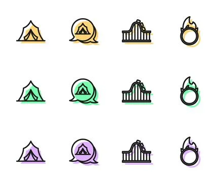 Set line Roller coaster, Circus tent, and fire hoop icon. Vector Stock Illustration