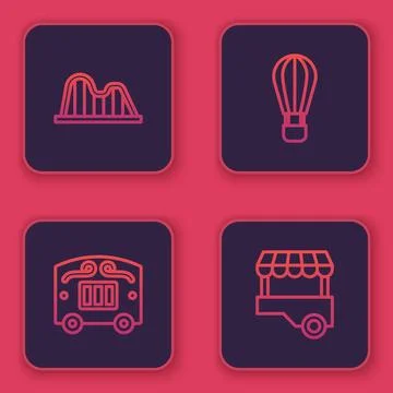 Set line Roller coaster, Circus wagon, Hot air balloon and Fast street food.. Stockillustratie