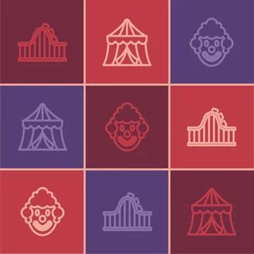 Set line Roller coaster, Clown head and Circus tent icon. Vector イラスト素材