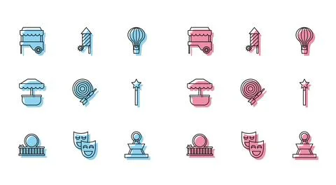 Set line Roller coaster, Comedy theatrical masks, Fast street food cart wit.. Stockillustratie