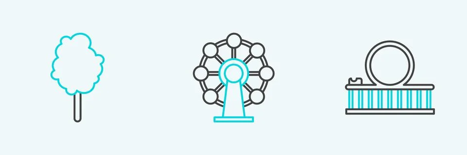 Set line Roller coaster, Cotton candy and Ferris wheel icon. Vector 스톡 일러스트