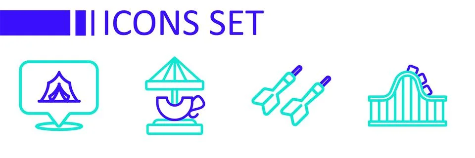 Set line Roller coaster, Dart arrow, Attraction carousel and Circus tent ic.. Stock Illustration