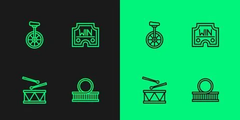 Set line Roller coaster, Drum with drum sticks, Unicycle and Casino win ico.. Stockillustratie