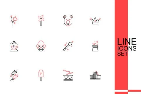 Set line Roller coaster, Drum with drum sticks, Ice cream, Firework rocket,.. Stock Illustration