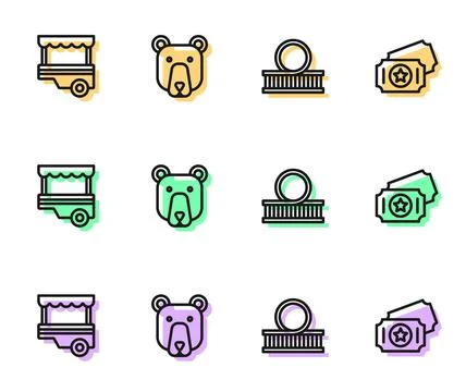Set line Roller coaster, Fast street food cart, Bear head and Circus ticket.. Stock Illustration