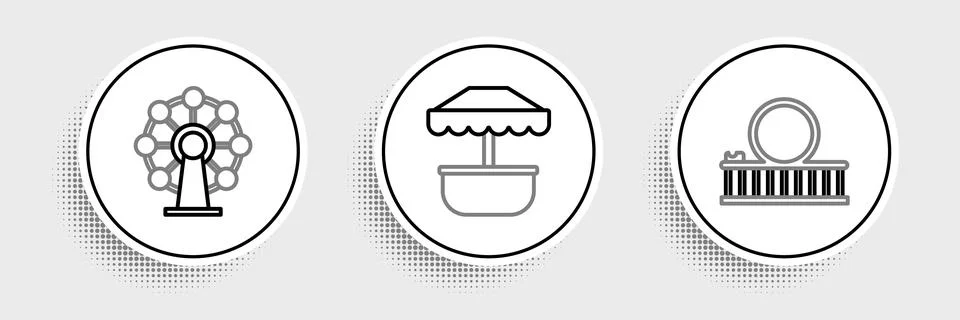 Set line Roller coaster, Ferris wheel and Attraction carousel icon. Vector Illustrazione stock