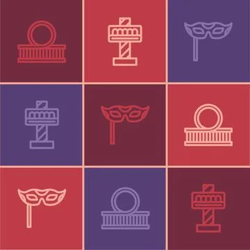 Set line Roller coaster, Festive mask and Attraction carousel icon. Vector 스톡 일러스트