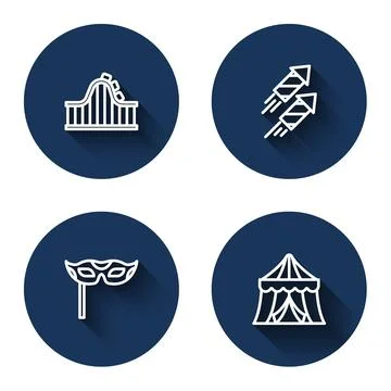 Set line Roller coaster, Firework rocket, Festive mask and Circus tent with.. Stock Illustration