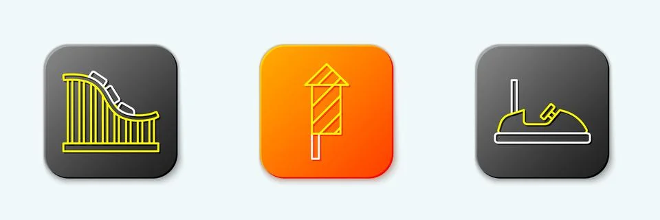 Set line Roller coaster, Firework rocket and Bumper car icon. Vector イラスト素材