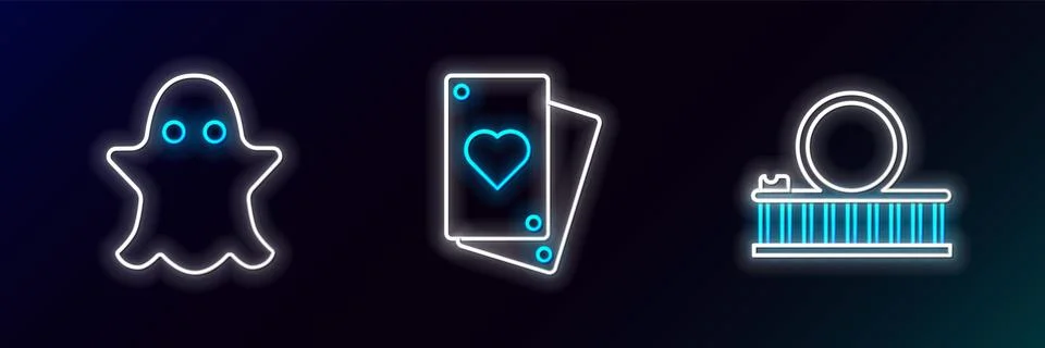 Set line Roller coaster, Ghost and Playing card icon. Glowing neon. Vector イラスト素材