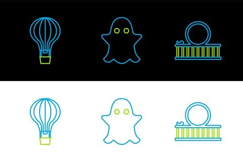 Set line Roller coaster, Hot air balloon and Ghost icon. Vector Stock Illustration