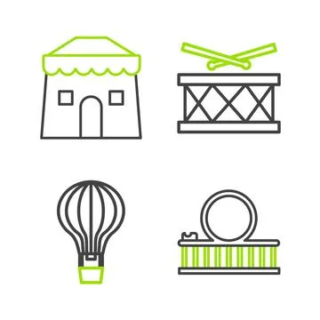 Set line Roller coaster, Hot air balloon, Drum with drum sticks and Circus .. Stock Illustration