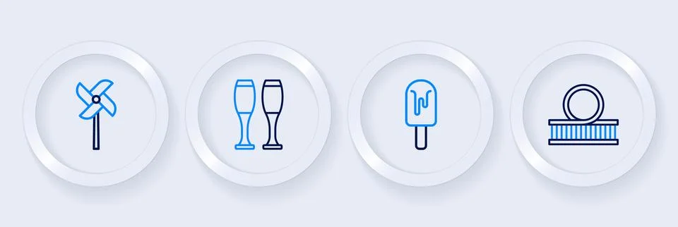 Set line Roller coaster, Ice cream, Bowling pin and Pinwheel toy icon. Vector 스톡 일러스트