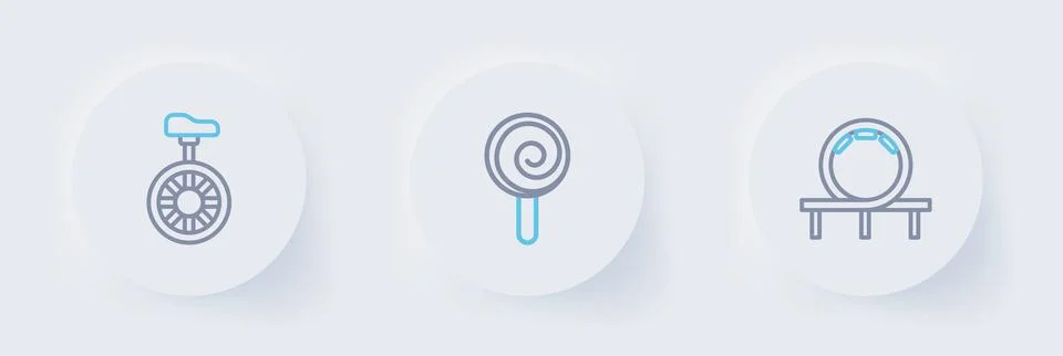 Set line Roller coaster, Lollipop and Unicycle or one wheel bicycle icon. V.. Stockillustratie