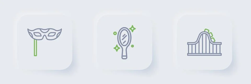 Set line Roller coaster, Magic hand mirror and Festive mask icon. Vector Stock Illustration