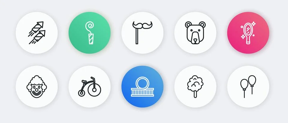 Set line Roller coaster, Magic hand mirror, Clown head, Cotton candy, Bear,.. Stock Illustration