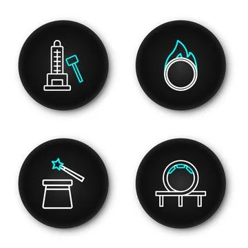 Set line Roller coaster, Magic hat and wand, Circus fire hoop and Striker a.. Stock Illustration