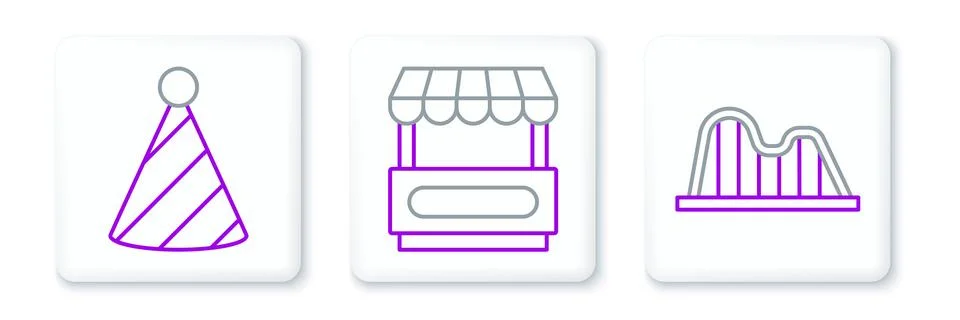 Set line Roller coaster, Party hat and Fast street food cart icon. Vector 스톡 일러스트
