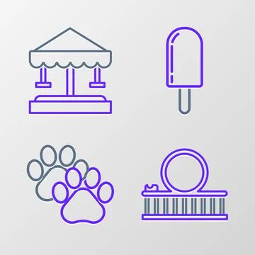 Set line Roller coaster, Paw print, Ice cream and Attraction carousel icon. V Stock Illustration