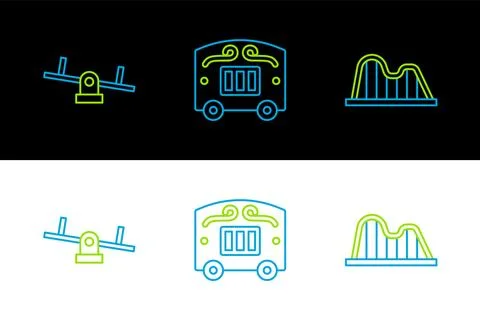 Set line Roller coaster, Seesaw and Circus wagon icon. Vector Stock Illustration