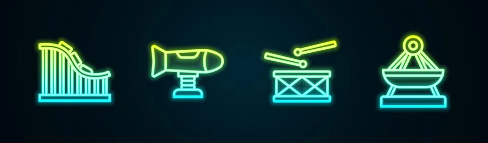 Set line Roller coaster, Swing plane, Drum with drum sticks and Boat swing... Stock Illustration