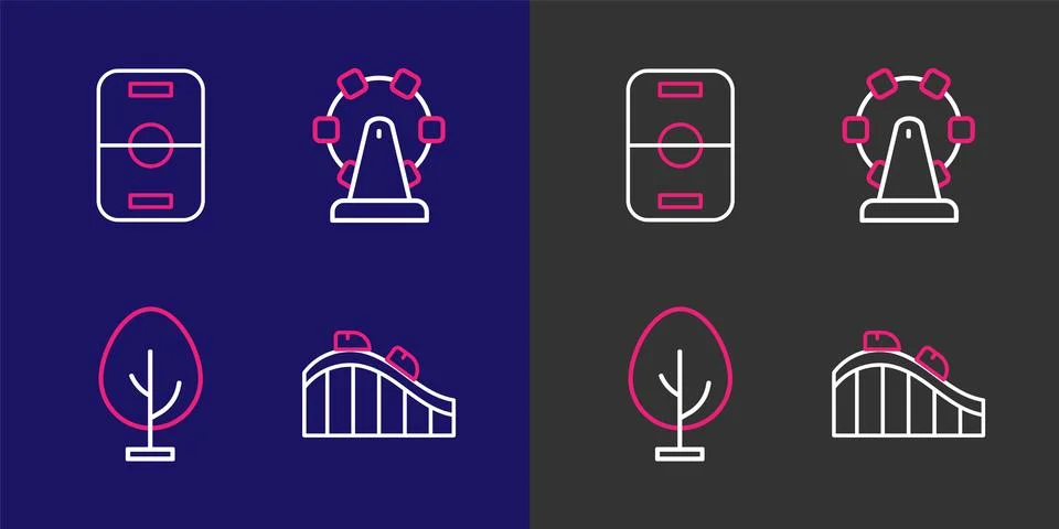 Set line Roller coaster, Tree, Ferris wheel and Hockey table icon. Vector Stock Illustration
