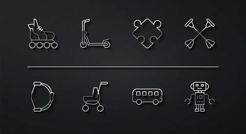 Set line Roller skate, Bow toy, Arrow with sucker tip, Bus, Baby stroller Stock-Illustration