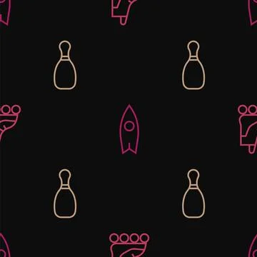 Set line Roller skate, Bowling pin and Surfboard on seamless pattern. Vector Stock Illustration