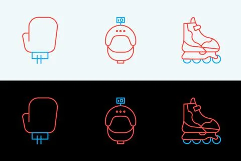 Set line Roller skate, Boxing glove and Helmet and action camera icon. Vector Stockillustratie