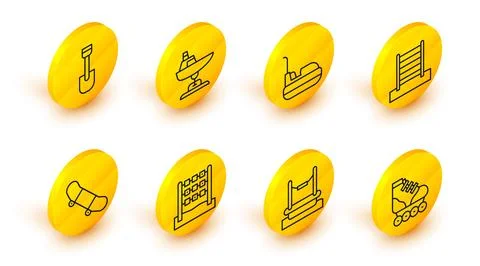 Set line Roller skate, Bungee, Tic tac toe game, Skateboard trick, Swedish .. Stock Illustration