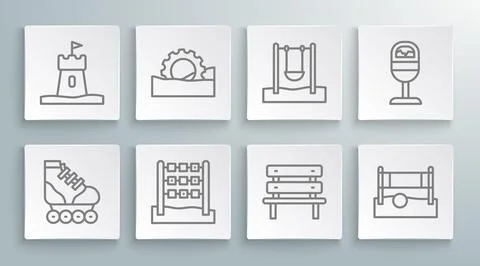 Set line Roller skate, Ferris wheel, Tic tac toe game, Bench, Volleyball ne.. Stock-Illustration