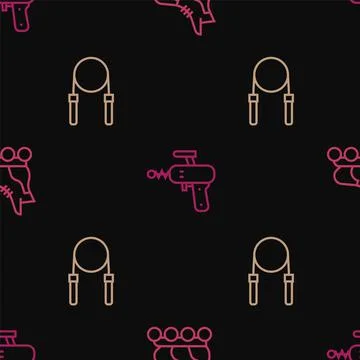 Set line Roller skate, Jump rope and Ray gun on seamless pattern. Vector 스톡 일러스트