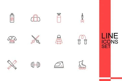 Set line Roller skate, Racing helmet, Dumbbell, Crossed baseball bat, Jump .. Stock Illustration