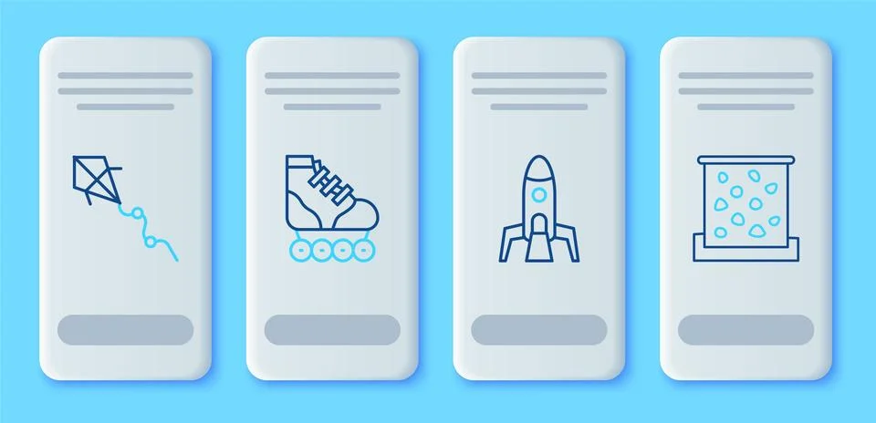 Set line Roller skate, Rocket ship, Kite and Climbing wall icon. Vector Stock Illustration
