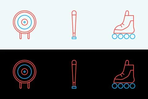 Set line Roller skate, Target sport and Baseball bat icon. Vector Stock Illustration
