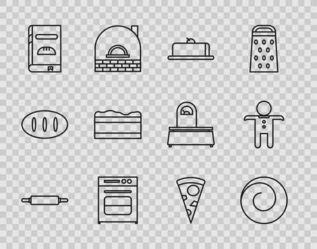 Set line Rolling pin, bun with cinnamon, Strawberry cheesecake slice, Oven,.. Stock Illustration