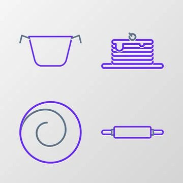 Set line Rolling pin, bun with cinnamon, Stack of pancakes and Cooking pot .. イラスト素材