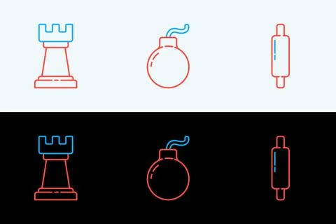Set line Rolling pin, Business strategy and Bomb ready to explode icon. Vecto Stock Illustration