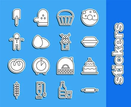 Set line Rolling pin, Cake, Macaron cookie, Muffin, Chicken egg, Holiday Stock Illustration