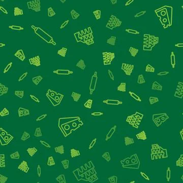 Set line Rolling pin, Cheese and Coliseum Rome on seamless pattern. Vector Stock Illustration