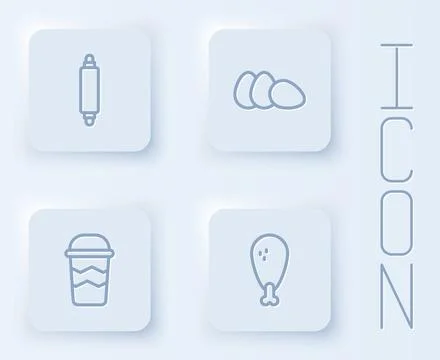 Set line Rolling pin, Chicken egg, Coffee cup to go and leg. White square button Stock Illustration