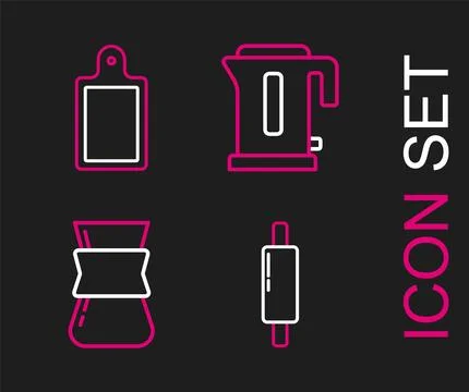 Set line Rolling pin, Coffee turk, Electric kettle and Cutting board icon. .. Stock Illustration