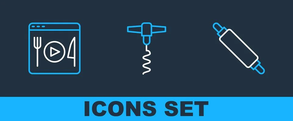 Set line Rolling pin, Cooking live streaming and Wine corkscrew icon. Vector 库存插图