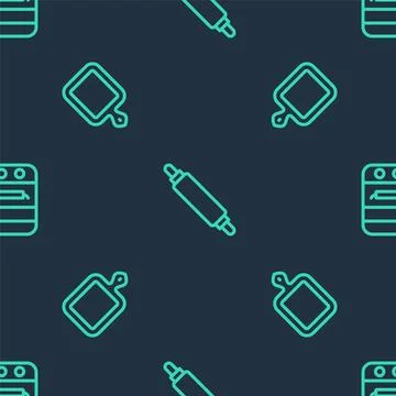 Set line Rolling pin, Cutting board and Oven on seamless pattern. Vector Stock Illustration