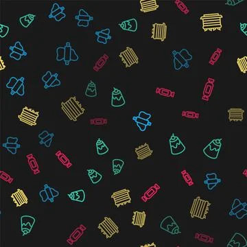 Set line Rolling pin on dough, Pudding custard, Cake and Candy on seamless イラスト素材